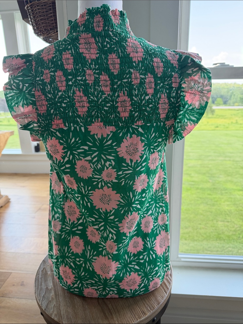 THML Green Floral Smocked Neck Cap-Sleeve Camisole - Pink Print - Picture 2 of 3